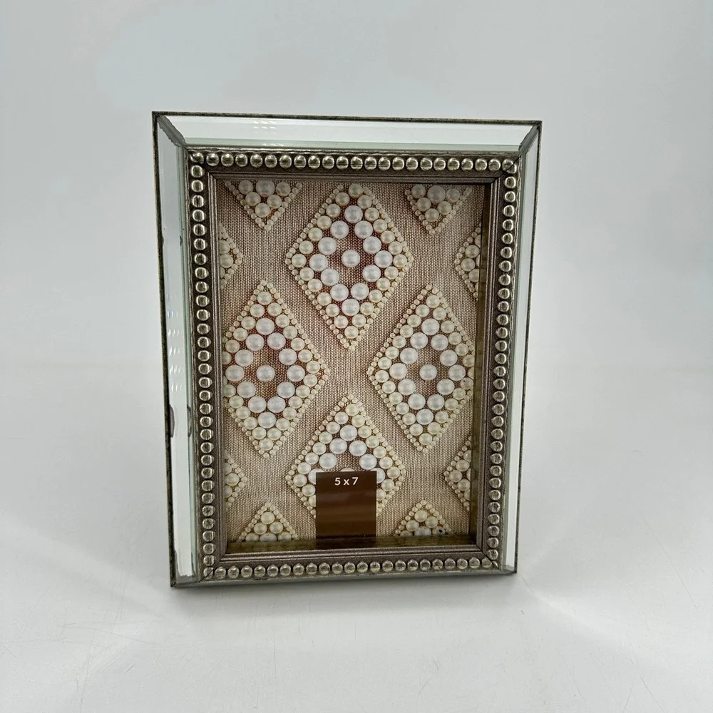 Mirrored Beveled‎ Glass Picture Frame Beaded Silver Trim 5x7 Tabletop Wall Hang